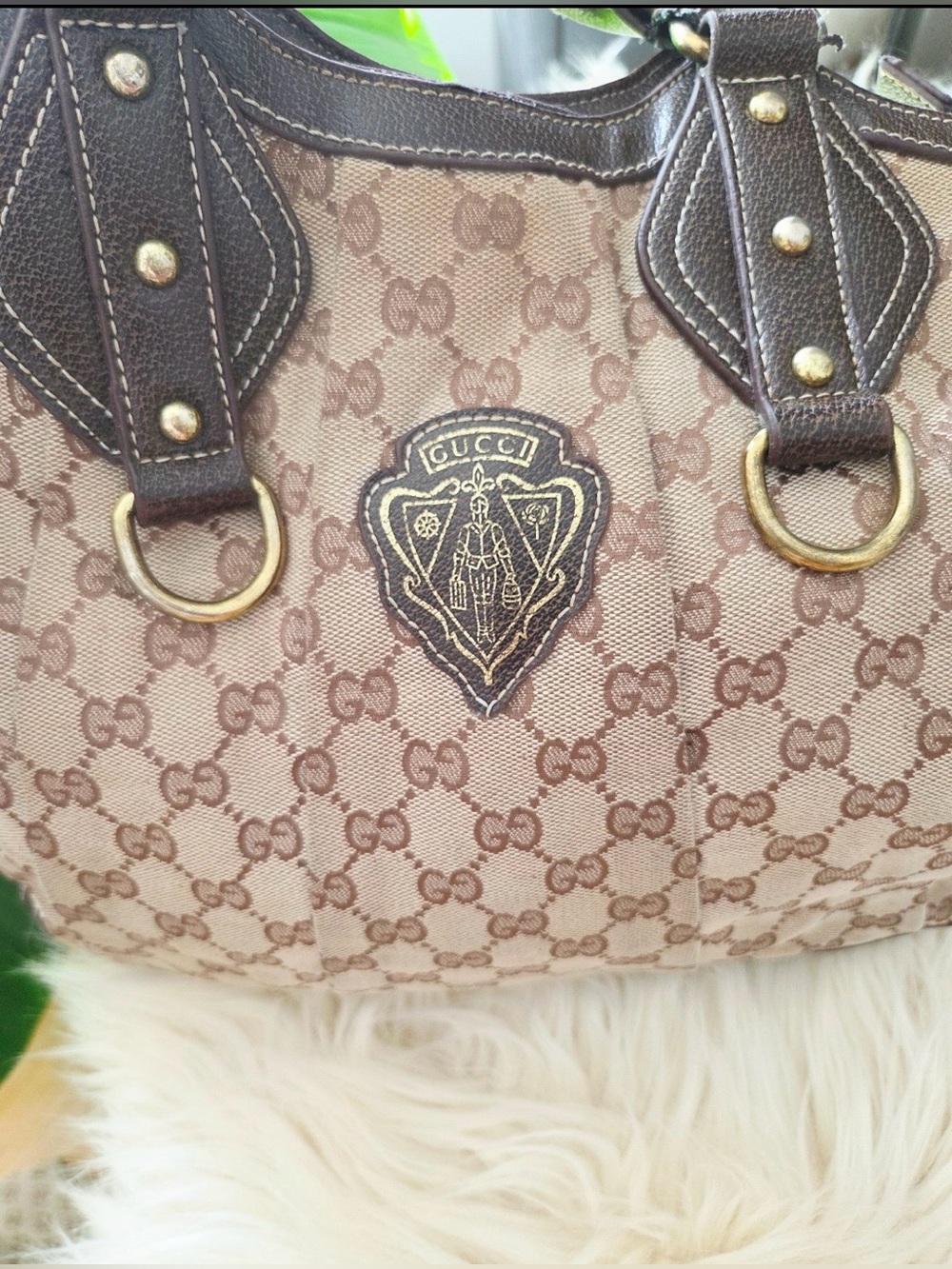 Gucci Brown Monogram Shoulder Bag with Gold Hardware like new handles replaced